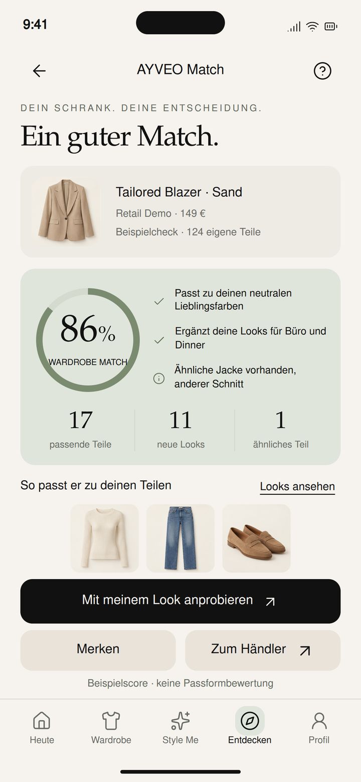 Screen AYVEO Match: Abgleich eines Produkts mit dem eigenen Kleiderschrank