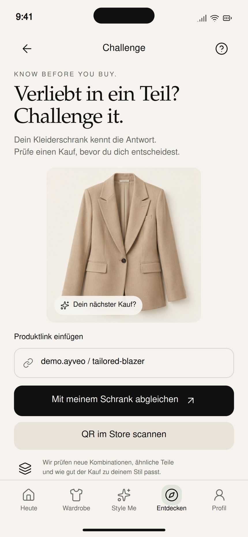 AYVEO Challenge-Bildschirm: Kauf prüfen mit dem eigenen Kleiderschrank — Design-Demo
